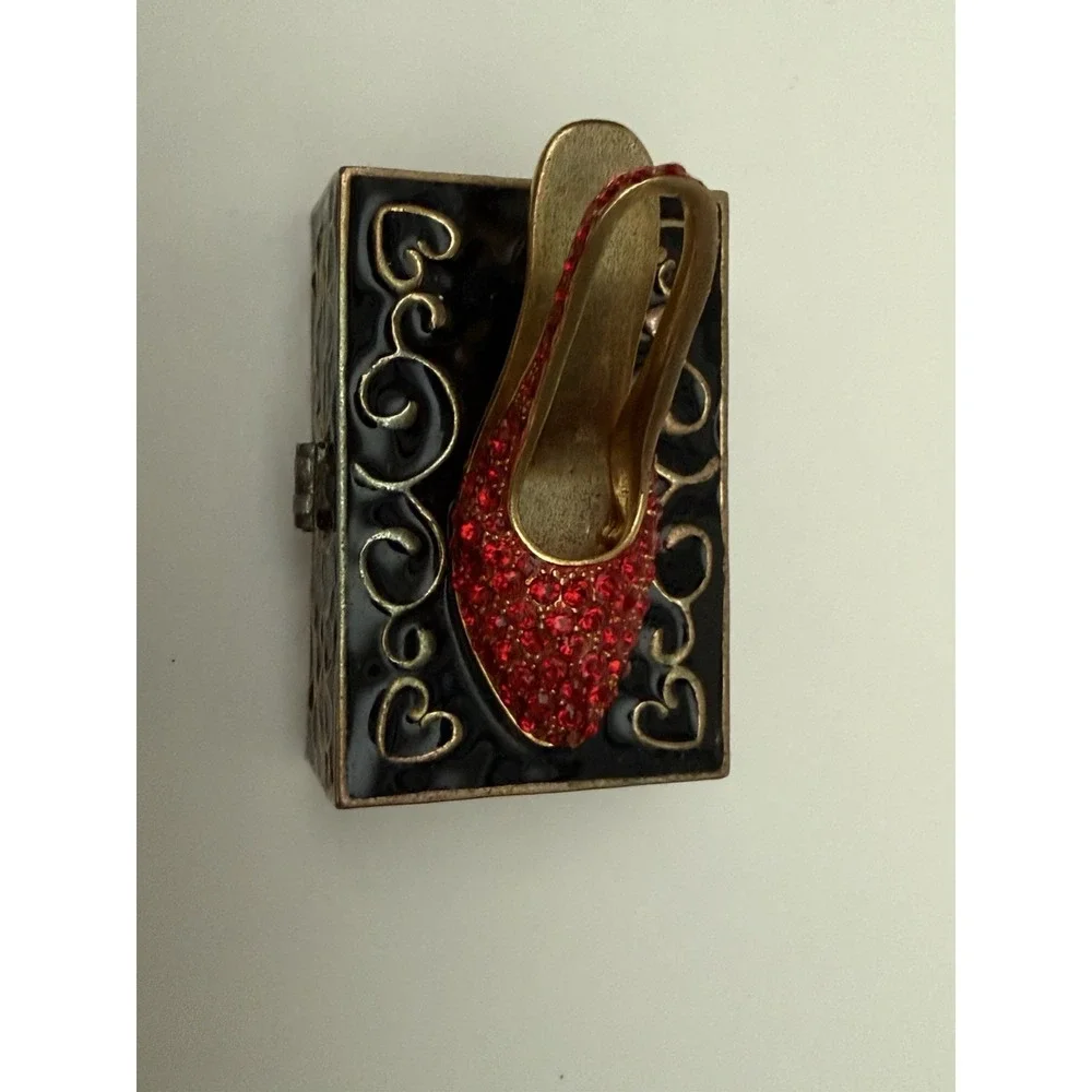 Trinket‎ Pill Box Stiletto High Heel Ruby Red Slipper Jeweled Vintage Enamel